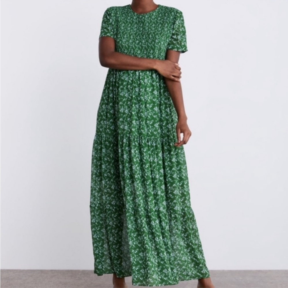 Zara Green Floral Smocked tiered Maxi Dress| Small